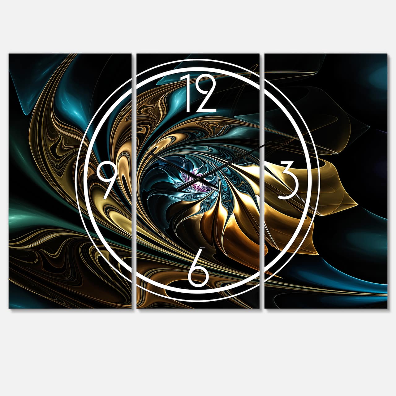 Designart Brown Blue Fractal Flower In Black Multipanel Wall Clock